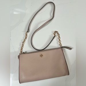 Tory Burch Pebbled Leather Wallet Crossbody Bag in Cream Pink